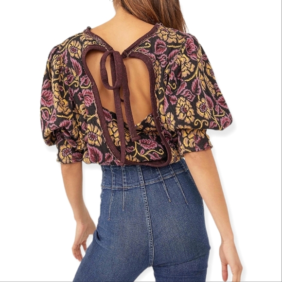FREE PEOPLE Floral Purple & Yellow Open Back Boat Neck Puff Sleeve Cotton Top - Picture 2 of 15